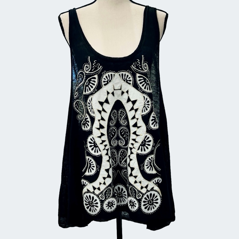DKNY BLACK LINEN RACERBACK SWING TANK TOP W GOLD EMBROIDERY & WHITE INSET DESIGN